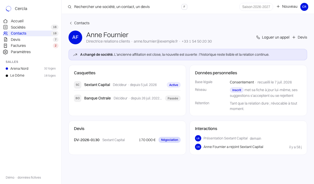 Fiche contact : une personne qui a changé de société, avec ses casquettes passées et actives